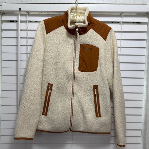 Marmot Women's Polartec fleece creme with brown trim zip jacket; Size M - Picture 1 of 6
